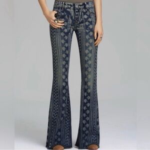NWT Free People Mantra Bali Print Indigo Boho Festival Flare Jeans